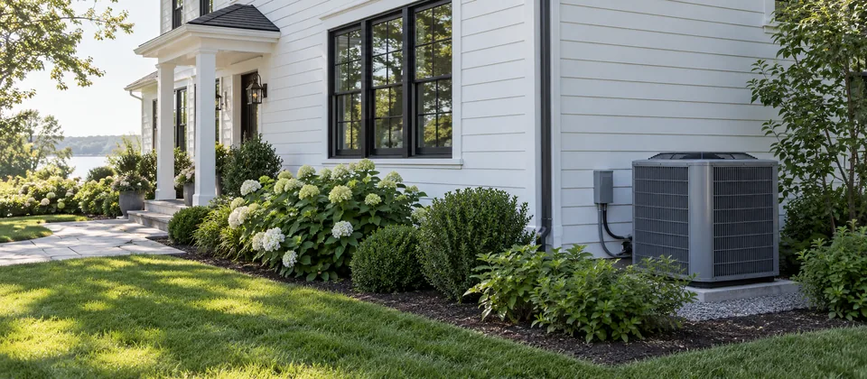 A bright home with a garden and outdoor cooling unit